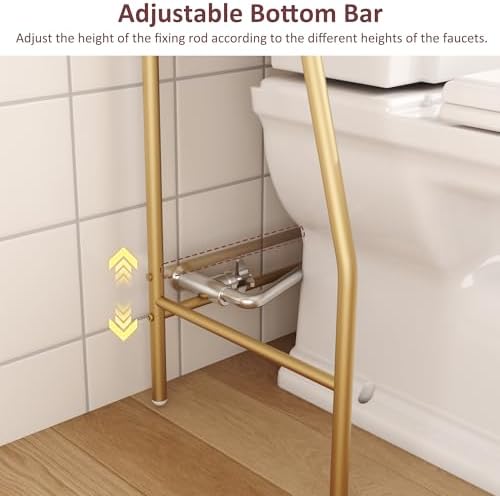 HOME BI Over The Toilet Storage Shelf, 3-Tier Over Toilet Bathroom Organizer Rack, Freestanding Space Saver Toilet Stands with Hooks (Gold) - Image 5