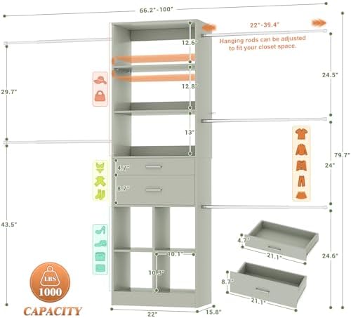 Besiost Closet System, 4-8 FT Closet Organizer Tower with 2 Wooden Drawers and 5 Hanging Rods, Can Fit 60 to 96 inch Walk-in Closet System, Crab Green - Image 3
