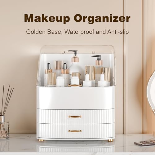 Makeup Organizer Countertop Vanity with Transparent Lid Drawers Waterproof Dustproof Cosmetic Skincare Bathroom Storage Gift for Women Teens Girls (White) - Image 2