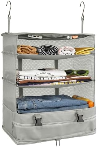 Surblue Hanging Closet Storage Bag Collapsible 3-Shelf Washable Oxford Fabric with 2 Hooks (XL 17.71 * 11.81 * 20in, Light Gray) by SURBLUE
