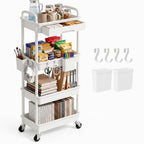 4 Tier Rolling Utility Cart with Drawer, Plastic Storage Organizer Rolling Carts with Wheels Handles Hanging Cups Hooks for Office, Bathroom, Kitchen,Craft Art Room (White) by LLMRR