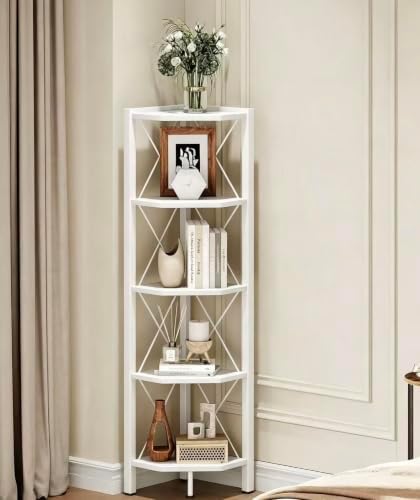 CHOEZON 5-Tier Corner Shelf, Corner Bookcase, 55.2" Tall Vertical Display Rack, Plant Stand, Open Storage Shelf, for Living Room, Bedroom, Study, Kitchen, White TCJ12WB by Choezon