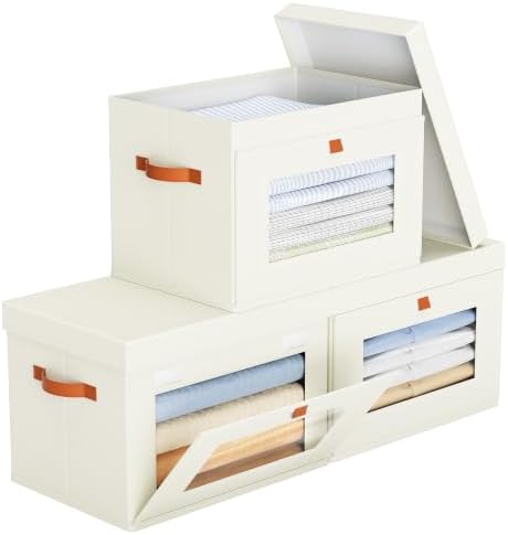 Yecaye 3 Pack Closet Storage Bins with Lid, Clothing Storage Bins, Beige by Yecaye