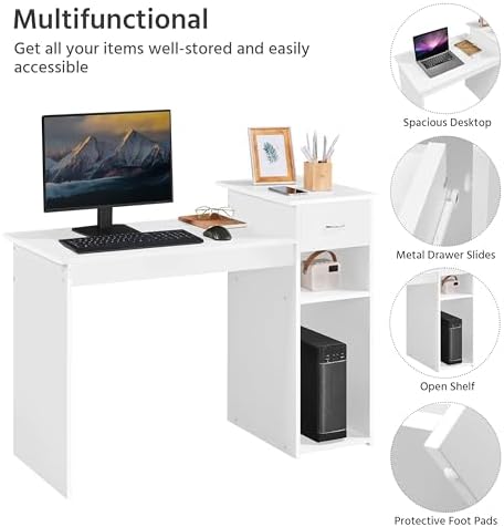 Yaheetech Computer Desk with Storage Drawer & Monitor Stand, White - Image 5