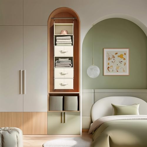 Vailando 6-Shelf Hanging Closet Organizer with 3 Fabric Drawers, Beige - Image 2