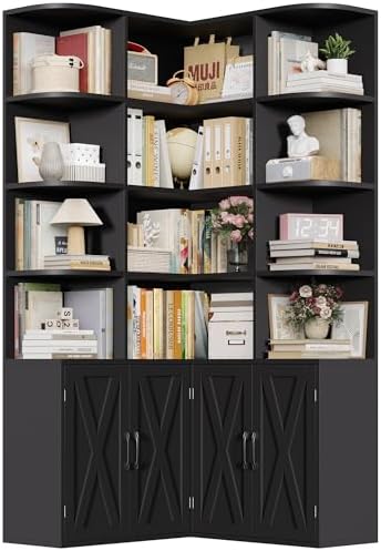 FINETONES 74" Tall Corner Bookshelf, Black Bookshelf with Doors - Image 7