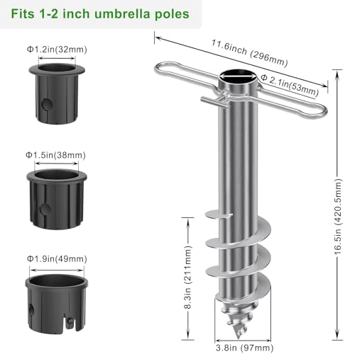 Dolibest Beach Umbrella Sand Anchor, Heavy-Duty Steel Beach Umbrella Holder with 3 Sleeves (Fits 1-2" Poles), Windproof Beach Umbrella Stake, Fully Welded Spiral Base Design for Ultimate Stability - Image 6
