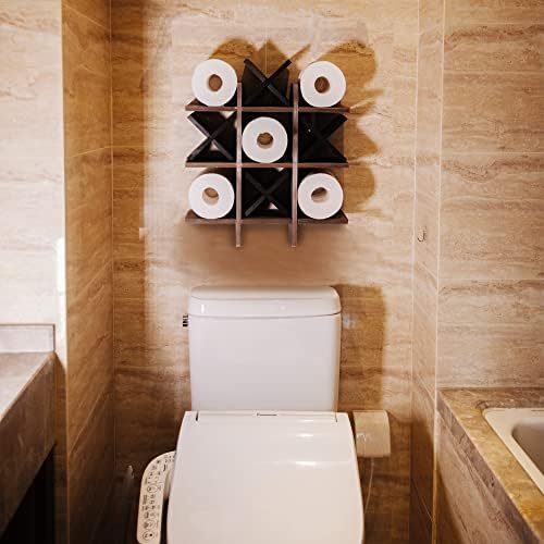 GENMOUS Handmade Tic Tac Toe Toilet Paper Holder Stand with 4pcs Wooden X, Funny Wall Mounted Toilet Papers Storage with Shelf, Farmhouse Paper Roll Storage for Guest Bathroom or Toilet Décor - Image 3