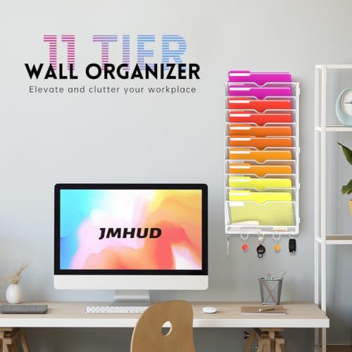 11-Tier Wall File Organizer with Base and Hooks, Hanging Organizer, White - Image 2