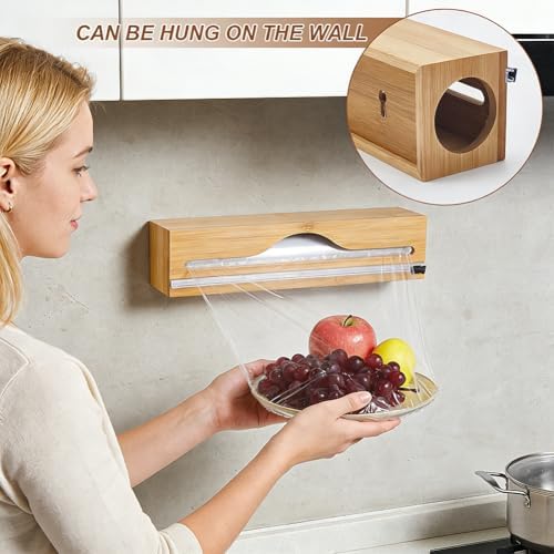 AHANDMAKER Wood Plastic Wrap Dispenser with Cutter Wall Mount Aluminum Foil Organizer for Kitchen Pantry Food Storage Cutting and Wrapping, Fits 13" Roll - Image 4