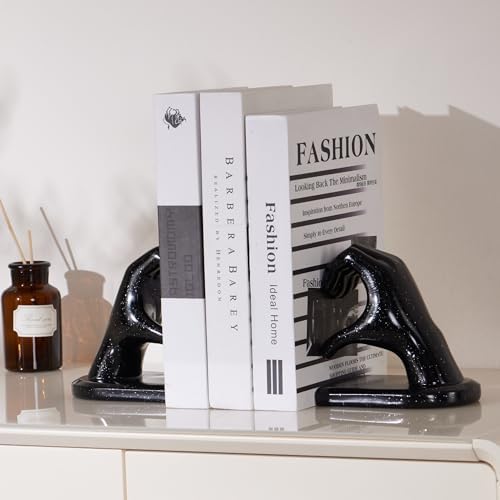 Black Bookends, Heavy Duty Bookend Holder Decor, Finger Heart Shaped, Modern Art Sculpture, Bookends Decorative, Boho Decor for Desktop Bedroom Study Room(Black) - Image 6