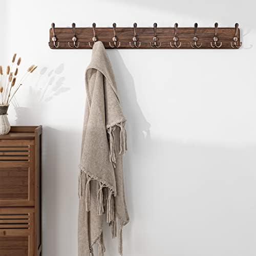 SKOLOO Coat Rack Wall Mounted - 38.3'' Long, Pack of 2, Wooden, Heavy Duty, Rustic Coat Hooks for Wall, Wall Coat Rack with 10 Triple Hooks for Hanging Clothes, Jacket, Hat(Brown & Retro Red) - Image 2