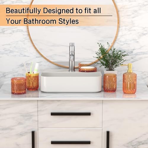 Orange Glass Bathroom Accessories Set 5 Pcs, Orange Bathroom Set, Soap Dispenser and Toothbrush Holder Set, Qtip Holder Set, Vintage Bathroom Sink Set, Cute Bathroom Decor - Image 3