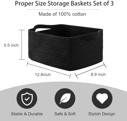 OIAHOMY 3 Pack Storage Baskets for Shelves Cotton Rope Storage Bins Black - Image 3