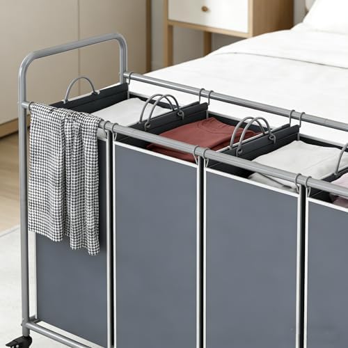 LINZINAR 4 Section Laundry Hamper, Grey Laundry Basket, 180L Laundry Sorter - Image 7