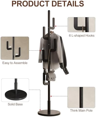 Muwuele Solid Wood Cactus Coat Rack, Freestanding Coat Rack With 6 L-Shaped Hooks and 3 Adjustable Sizes, Coat Tree for Bedroom, Entryway, Livingroom, Coat Hanger Stand for Coats, Handbags (Black) - Image 6