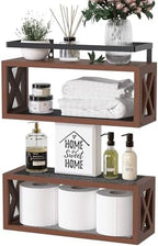 RICHER HOUSE Floating Wood Shelves with Guardrail, Rustic Brown, Wall Mounted, 2 Shelves, Farmhouse Style by RicherHouse