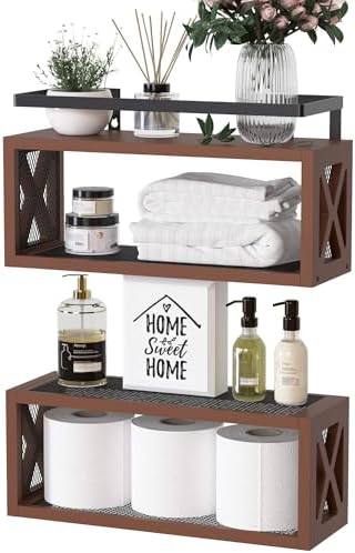 RICHER HOUSE Floating Wood Shelves with Guardrail, Rustic Brown, Wall Mounted, 2 Shelves, Farmhouse Style by RicherHouse