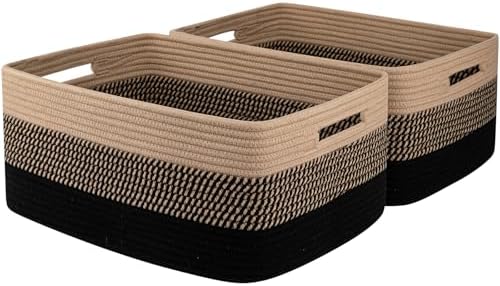 OIASKET Large Storage Basket for Organizing, Woven Rope Basket for Shelves, Closet Organizer Bins for Clothes, Blanket, Toys, Baby Nursery Storage, 17.7" x 13" x 7.87", 2 Packs Black & Brown by OIASKET