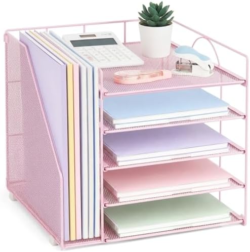 LEKETREE Desk Organizers and Accessories, 5-Tier Paper Letter Tray Organizer with File Holder, Desktop Organizer for Office Supplies (Pink) by Stylishworkspaceeffortlessorganization