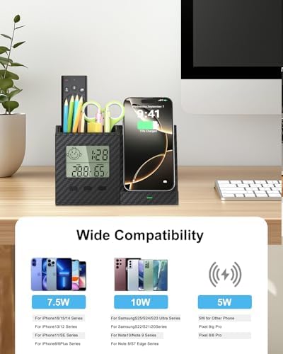 Desk Organizer with Wireless Charger, Digital Clock, Thermometer & Hygrometer - Multi-Functional Pencil Holder, Office Desk Accessories Storage Caddy for Home, Office, Men, Women (Battery Included) - Image 6