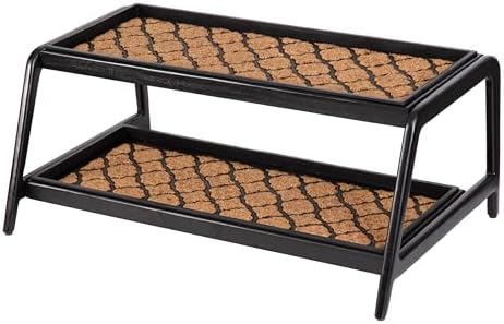 Anji Mountain Heavy Duty Waterproof Wooden Shoe Storage Mat Organizer/Boot Storage Tray Multi Use for Entryway with Coir, Tan and Black Trellis Insert, 2 Tier, Fits 6 Pair (36.5" Wide) by AnjiMountain