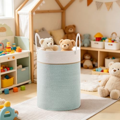 100L Extra Large Tall Cotton Rope Laundry Basket with Handles, Sage Green - Image 6