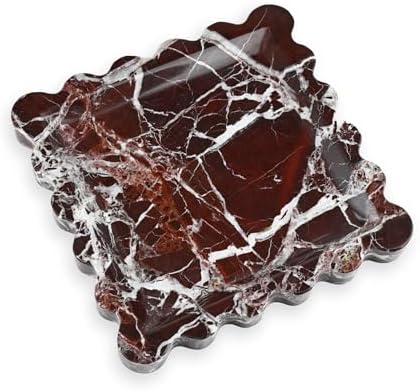 Scalloped Square Marble Decorative Tray, Natural Stone Vanity & Jewelry Tray, Trinket Organizer for Ring, Key, Dresser, Nightstand, Bathroom Counter & Kitchen Sink(Rosso Lepanto) by Unknown