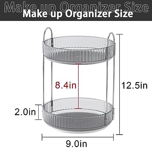 shuang qing Rotating Makeup Organizer for Vanity, High-Capacity Skincare Clear Make Up Storage Perfume Organizers Cosmetic Dresser Organizer Countertop 360 Spinning (Gray, 2 Tier) - Image 2