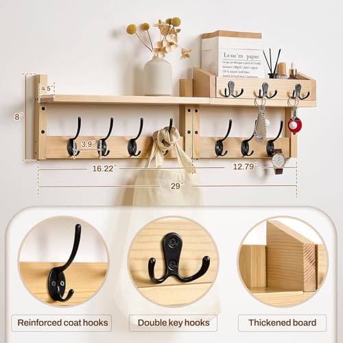 28.9" Wall Hanger Coat Rack Key Holder Wall Mount with Shelf,11Shelf with Coat Hooks Wall Mount, Coat Hangers for Bathroom, Living Room, Bedroom (Wood Color) - Image 2