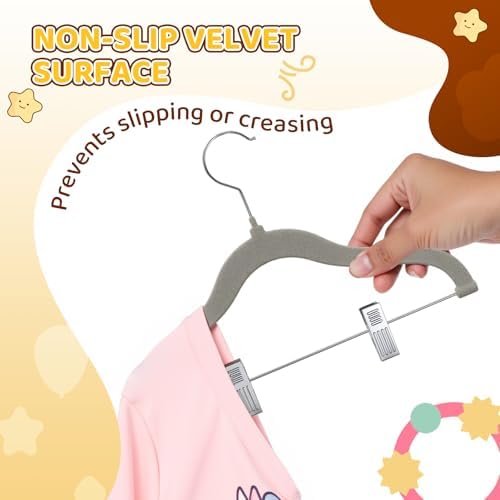 Flottian 36-Pack Baby and Kids Velvet Hangers with Clips, Non Slip and Space-Saving Kids Pants Hangers for Baby/Toddler Pants, Skirts, Coats, Gray - Image 4