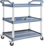 Plastic Utility Carts with Wheels, 3-Tier Medium Size Restaurant Food Cart, Heavy Duty 510lbs Capacity Rolling Service Cart w/Hammer for Commercial, Kitchen, Office (Lockable Wheels, M-Grey) by BRLJUNEO