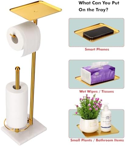 Toilet Paper Holder with Tray At the Top, Sturdy Marble Base No Wobby, Holding Extra 3 Toilet Paper Rolls As Spare Use, Freestanding No Drilling (Gold) - Image 3