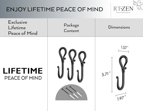 RTZEN Classic Farmhouse Wall Mount Multi-Use Wrought Iron Hook Set (3 Pack) - Image 4