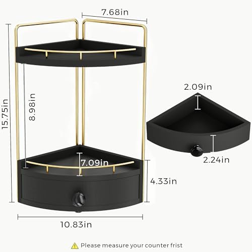 2-Tier Corner Bathroom Counter Organizer with Drawer, Black Gold - Image 2