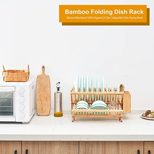 Bamboo Dish Drying Rack, 3-Tier Collapsible Wooden Dish Rack with Utensil Holder, Bamboo Dish Drainer Rack for Kitchen Counter 25pcs - Image 7