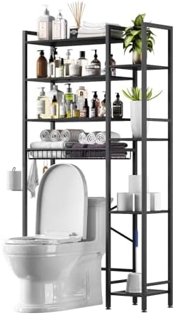 Kalrin 8-Tier Over The Toilet Storage with Side Rack, Over Toilet Storage Rack with Adjustable Shelf & Drain Basket, Freestanding Bathroom Organizer for Balcony, Laundry (Pure Black) - Image 4