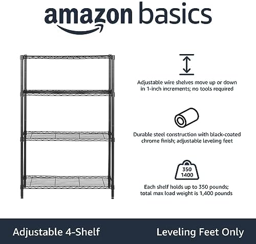 Amazon Basics 4-Shelf Adjustable Heavy Duty Steel Wire Rack Storage Shelving, Sturdy Garage Shelving, 350 lbs Capacity Per Shelf, Easy No-Tool Assembly, 36" x 14" x 54", Black - Image 2