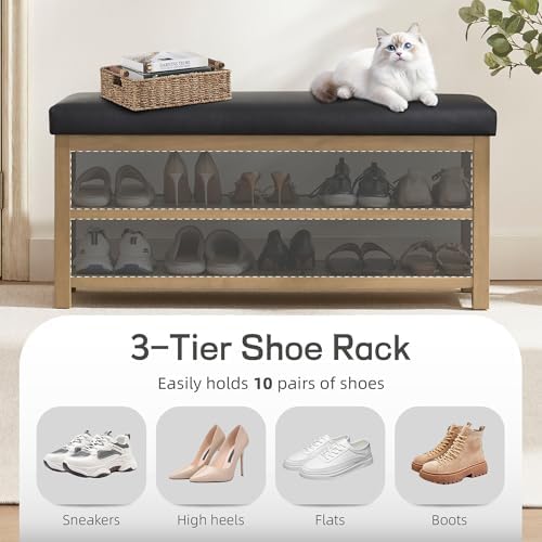 Zihanhome Shoe Rack Bench with Leather Cushion, 2 Tier Solid Wood Storage Bench, Mid-Century Modern Shoe Bench for Entryway, Hallway, Closet, Front Door Entrance, Foyer (Black, 46.5) - Image 7