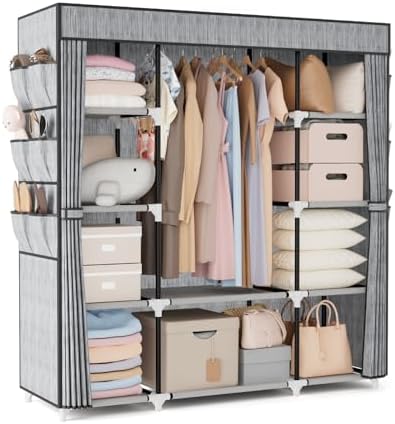VTRIN Portable Closet Wardrobe for Hanging Clothes 57.3 Inch Large Capacity Clothes Rack with Cover, 10 Storage Organizer Shelves, 1 Hanging Rods and 6 Pockets, Free Standing Closet, Printing by VTRIN