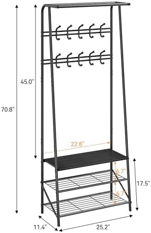24" Black Hall Tree with Bench and Shoe Storage, Double Row Hooks Coat Rack Freestanding Organizer, Heavy Duty Coat Rack with Shoe Storage, Coat and Shoe Rack Entryway Mudroom Hallway - Image 6