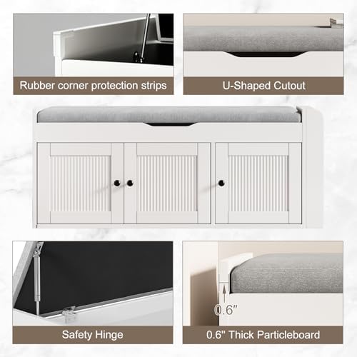 42.6" Storage Bench - Shoe Storage Bench with Side Storage Shelves and 3 Doors, Multifunctional Entryway Bench with Lift Top Cushion, Shoe Bench for Bedroom, Living Room, Entryway, White - Image 6