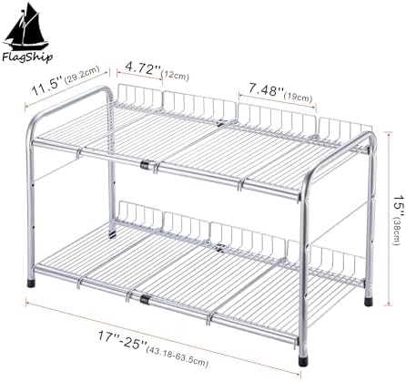 FlagShip 2 Tier Under Sink Organizers and Storage Rack Expandable Cabinet Shelf for Kitchen Bathroom Silver (17-25 inches) - Image 2