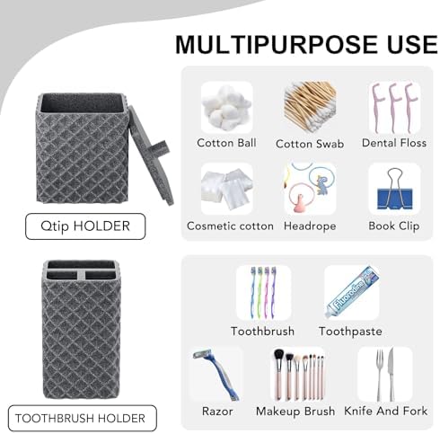 Bathroom Accessories Set Resin 6PCS, Square Toothbrush Holders Set Complete with Soap Dispenser, Vanity Tray, Tumbler, Cups and Cotton Swab Jars (Gray Diamond, Resin Bath 6 PCS) - Image 3