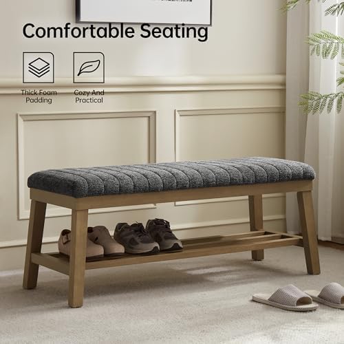 VKNOW Entryway Bench, Storage Shoe Bench with Rubberwood Legs, Black - Image 4