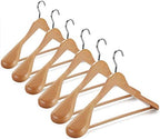 TOPIA HANGER Set of 6 Luxury Natural Wooden Coat Hangers, Premium Wood Suit Hangers, Glossy Finish with Extra-Wide Shoulder, Thicker Chrome Hooks & Anti-Slip Bar CT02N by TOPIAHANGER