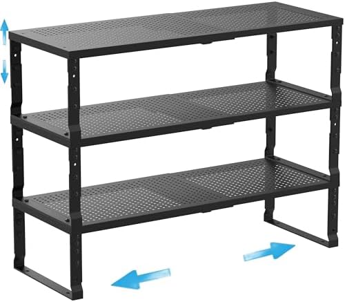 Expandable Spice Rack Kitchen Cabinet Shelf Organizer, Stackable Storage Shelves Racks, Adjustable Counter Shelving for Cabinets, Countertop, Cupboard,Pantry and More(3Packs/Black/Large) by Goodqualityproducts
