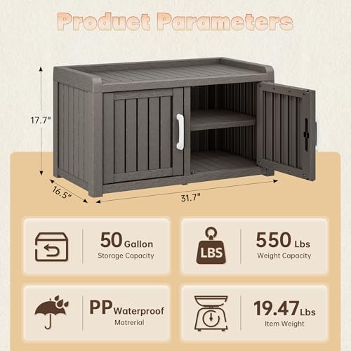 2-Tier Storage Bench, Waterproof UV-Resistant Outdoor Shoe Storage Cabinet with 2 Doors & Adjustable Shelves for Indoor Outdoor Entryway, Hallway, Living Room (Classic Grey) - Image 2