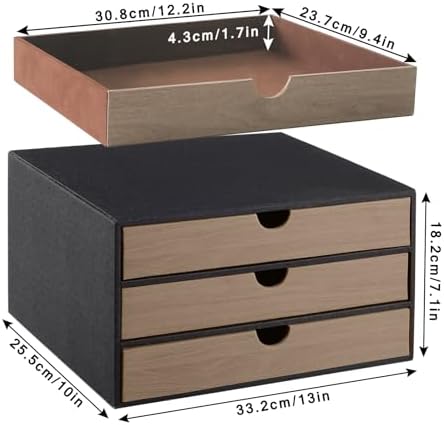 PU Leather Desk Organizer with 3 Drawers,Executive Office Supplies Desktop Filing A4 File Cabinet/Holder for Jewelry/Bill/Paper/Documents/Makeup Home Decor Stationery Storage Box,Black - Image 3