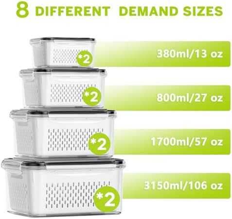HOMETALL 8 Pack Fruit Storage Containers for Fridge, Produce Containers for Fridge with Colander, Leakproof Fridge Organizers and Storage for Berry Vegetable Salad Lettuce Meat Food - Image 3